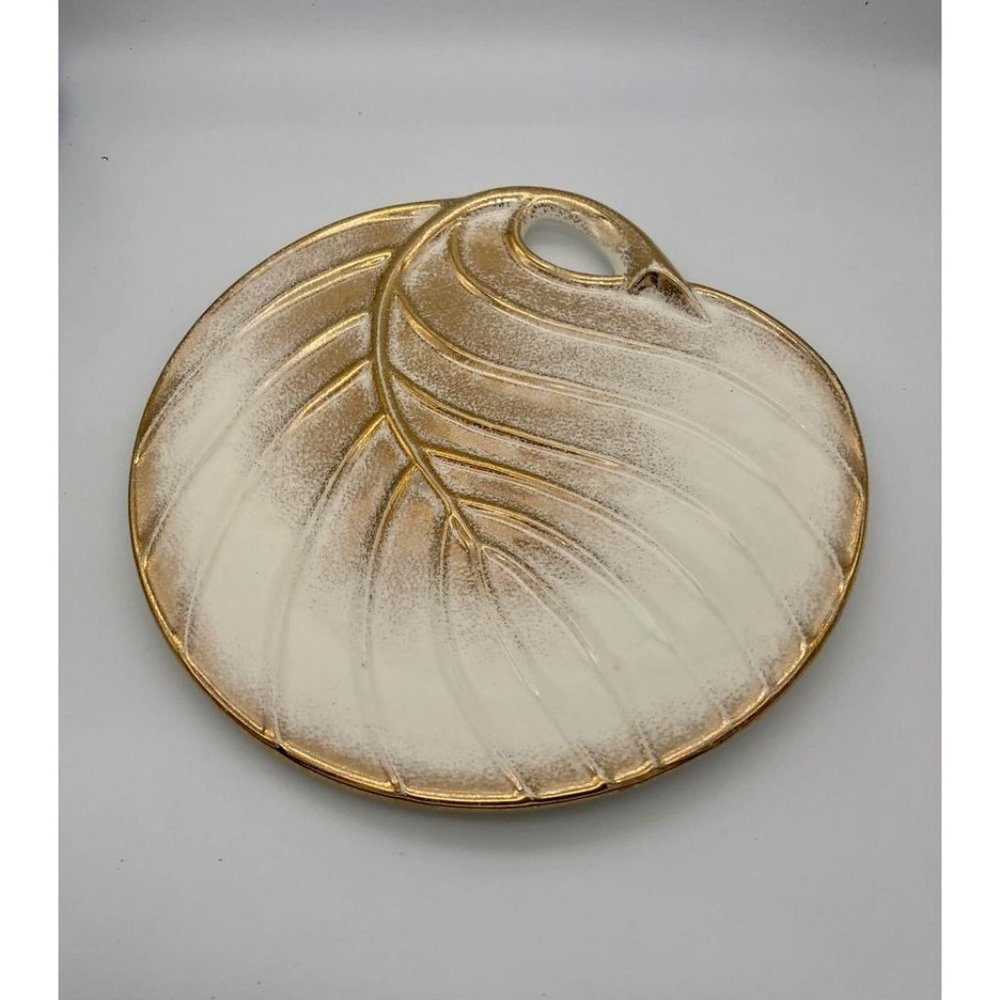 MCM Gilded Plate Serving Dish Leaf Shaped by Pitt Petri Rare Mid-Century Modern
